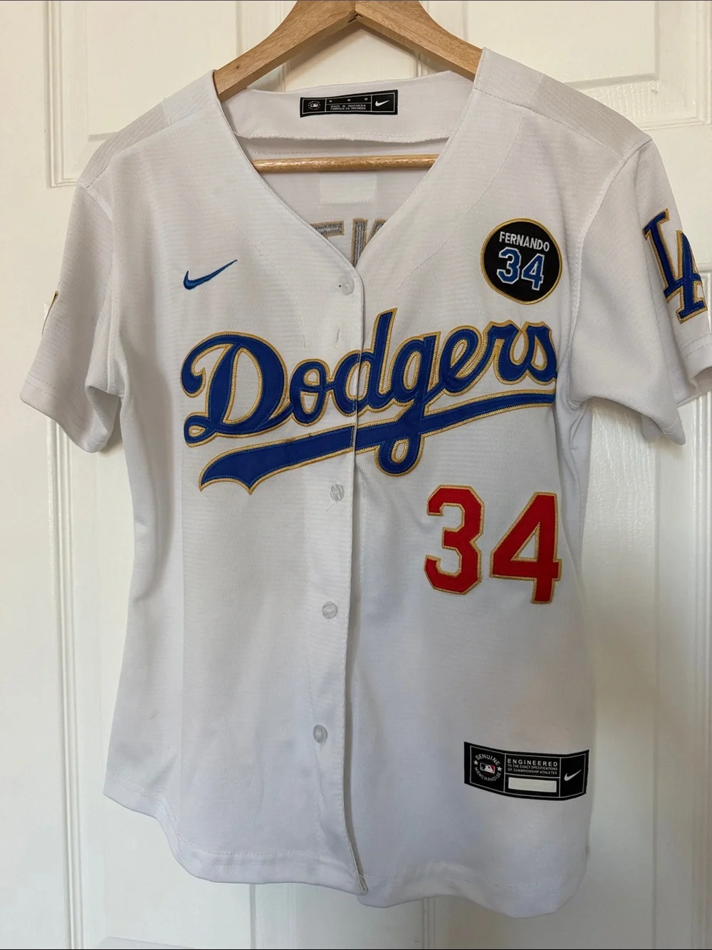 Nike White Dodgers Fernando 34 Patch Jersey with Red Number